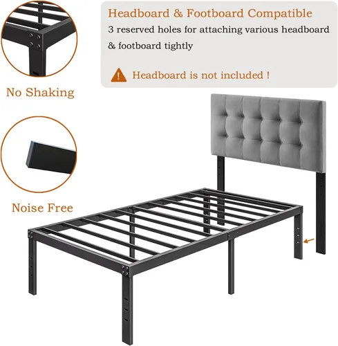 Miniatura 4 de Base de cama alta de 18 pulgadas, tamaño individual, marcos de cama de metal resistentes en negro, no necesita somier, fácil montaje, almacenamiento