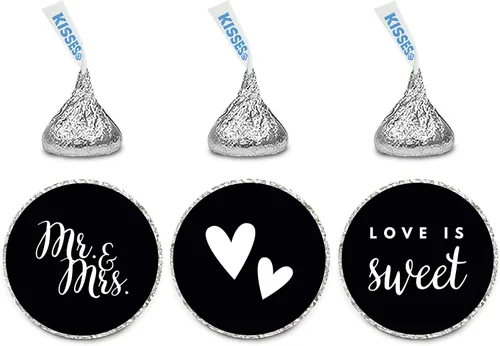 Andaz Press Trío de etiquetas de gota de chocolate, se adapta a besos, boda, señor y señora, negro, paquete de 216, para despedida de soltera,