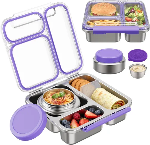Miniatura 8 de Pawtong Caja Bento de Acero Inoxidable para Niños y Adultos con Frasco de Comida Aislado de 7 oz, Caja de Almuerzo de Metal con Tapa Transparente