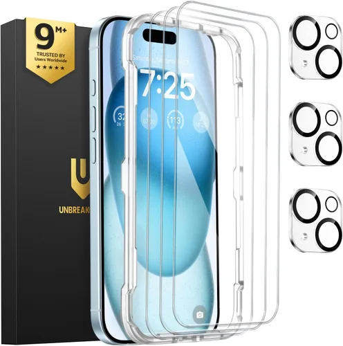 UNBREAKcable Paquete de 3 protectores de pantalla para iPhone 15, 3 de vidrio templado + 3 protectores para lente de cámara, dureza 9H, claridad HD,