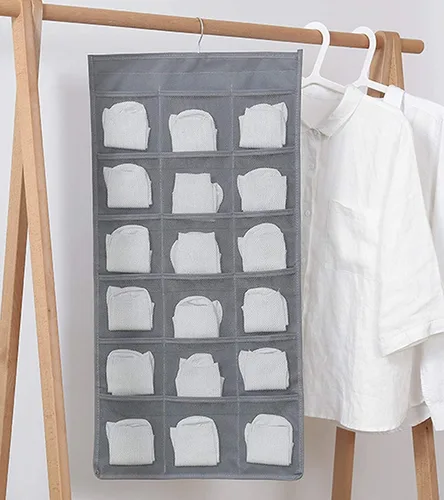 Miniatura 3 de Organizador de almacenamiento colgante para brasier y ropa interior, bolsillos de malla, estantes de pared de doble cara, bolsa ahorradora de Gris
