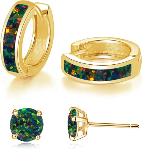 Miniatura 212 de CiNily Aretes Huggie de ópalo con bisagras, chapados en oro, hipoalergénicos, pequeños aretes de aro para mujeres, adolescentes, niñas, hombres
