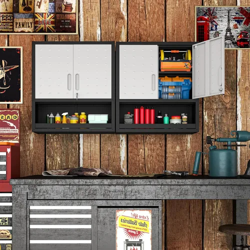 Miniatura 5 de Armarios de pared de metal con puertas y estantes, armarios de garaje negros y grises, estantes de almacenamiento ajustables para montaje en pared