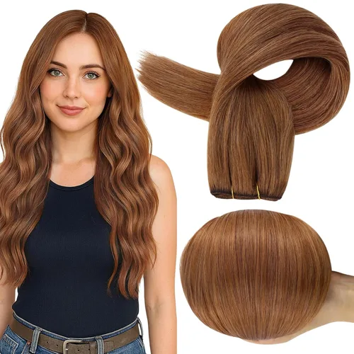 Miniatura 64 de Full Shine Extensiones de cabello humano, 18 pulgadas, mechones de trama, color #2 castaño oscuro, 3.5 onzas, cabello Remy para coser, doble trama