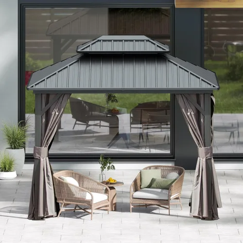 Miniatura 12 de Domi - Cenador de techo rígido de 8 x 8 pies con malla y cortinas, cenador para exteriores con techo doble de acero galvanizado para patio, césped
