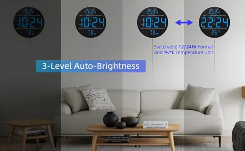 Miniatura 5 de Reloj de pared digital con pantalla LED grande, fecha, temperatura, brillo automático Pequeño reloj [ENCHUFE] Reloj de pared eléctrico moderno