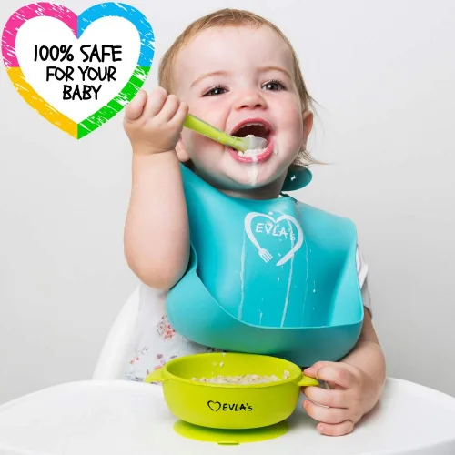 Miniatura 2 de EVLA'S Juego de alimentación para bebés, suministros de destete para bebés, baberos de silicona ajustables, plato dividido, cuenco de succión