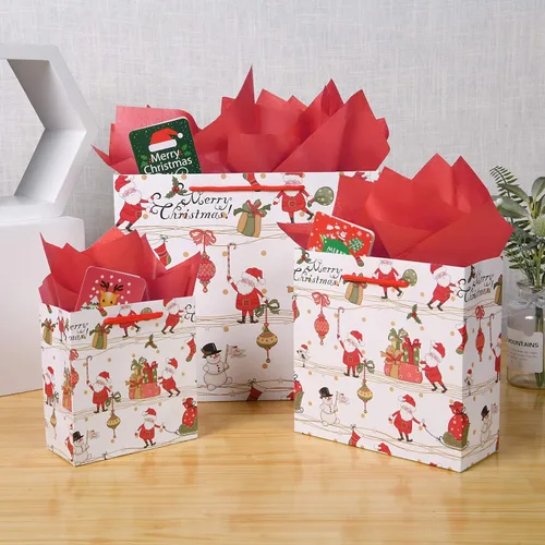 Miniatura 2 de SHIPKEY Paquete de 12 bolsas de regalo de Navidad, bolsas de papel navideñas de Papá Noel en 3 tamaños surtidos con papel de seda, bolsas Tamaños