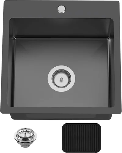 Miniatura 12 de Fregadero Negro de Cocina y Bar, Fregadero de Cocina de Acero Inoxidable de 15 x 17 Pulgadas para Empotrar, Fregadero de Bar Moderno de Un Solo