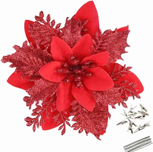 Miniatura 16 de GREENTIME 12 flores de pascua artificiales con purpurina de 5.5 pulgadas, tallos de Navidad, adornos para árbol de Navidad para fiesta de Año Nuevo