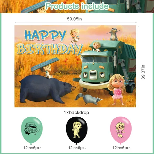 Miniatura 2 de Fondo de fiesta de cumpleaños de camión de basura, decoración y pancarta, accesorios de fondo de fotos para niños y niñas, 5 x 3 pies