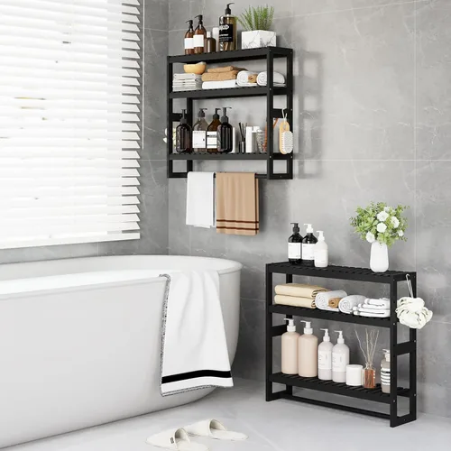 Miniatura 4 de RRX Organizador de almacenamiento de estante de baño, estante de baño, organizador de bambú de 3 niveles ajustable con barra, colgante, estante Negro