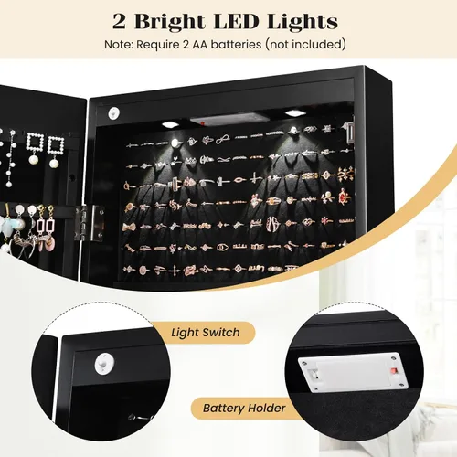 Miniatura 5 de Giantex Armario de joyería para puerta de pared con espejo de longitud completa, 2 LED con cerradura grande organizador de joyas con espejo ancho