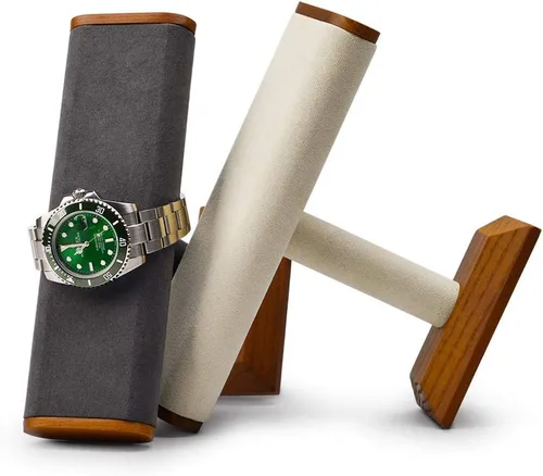 Miniatura 3 de Oirlv Soporte de exhibición de reloj en T de madera maciza soporte organizador de joyas para reloj pulsera encimera mesa de joyería gris