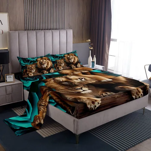Miniatura 34 de Erosebridal Sábanas de cama de guepardo con rosa roja, juego de sábanas de bolsillo profundo con estampado de leopardo y gato, sábana bajera