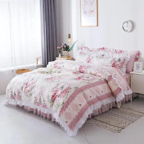 FADFAY, Juego de ropa de cama romántica con estampado de flores, juego de cama rural rústico, funda de edredón con volantes de encaje de princesa,
