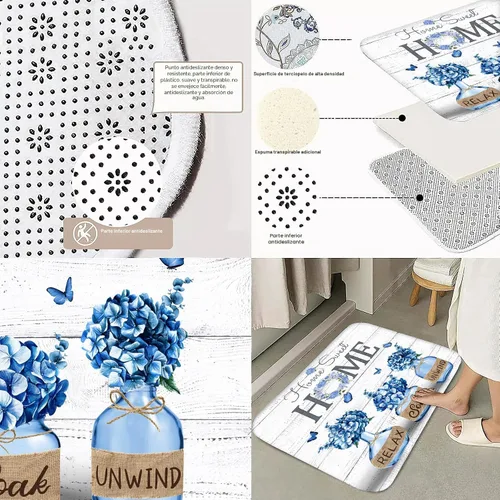 Miniatura 7 de ALEXEX Juego de 4 cortinas de ducha de hortensias azules, juego de baño Home Sweet con cortina de ducha y alfombras y accesorios, cortina de ducha