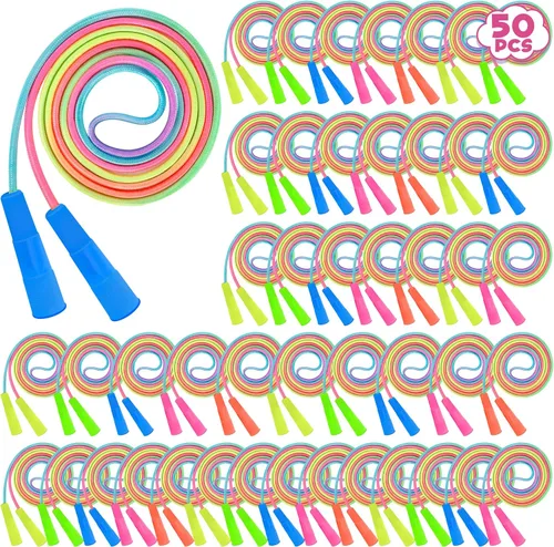 Miniatura 8 de ZATAYE Paquete de 6 cuerdas de saltar para niños, coloridas cuerdas de saltar de nailon degradado para niños, longitud ajustable de 7.55 pies, asas