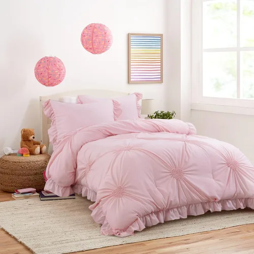 HOMBYS - Juego de 5 piezas de ropa de cama rosa para niñas con sábanas y fundas a juego, juego de edredón individual de color rosa suave con