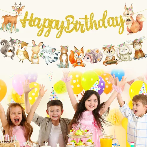 Miniatura 8 de Cartel de feliz cumpleaños de animales del bosque, decoraciones de criaturas del bosque, 2 piezas de pancartas recortadas de animales del bosque