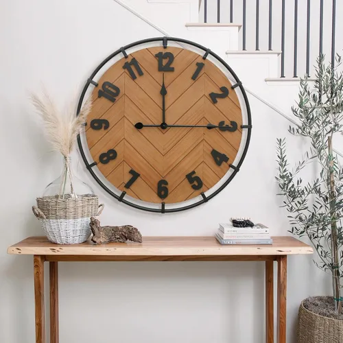 Miniatura 3 de Micasso Reloj de pared grande de 27 pulgadas, silencioso, sin tictac, decoración de pared de madera rústica y metal, reloj decorativo antiguo
