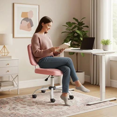Miniatura 5 de VINGLI Silla de escritorio compacta y pequeña, linda silla sin brazos con ruedas, silla de tocador con respaldo bajo, silla de tarea ajustable