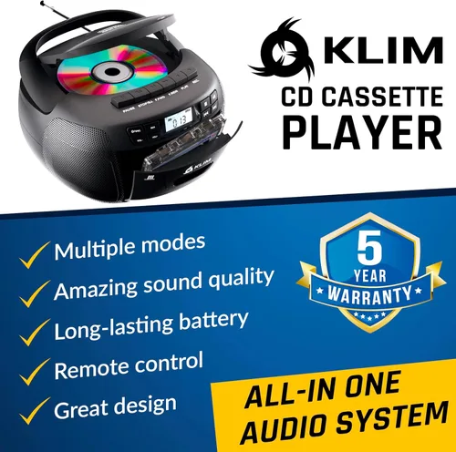 Miniatura 2 de KLIM Reproductor de CD + Cinta de Casete, Boombox CD Bluetooth, Radio AM/FM, Sonido Estéreo, Control Remoto, Combo de Reproductor de CD y Cinta