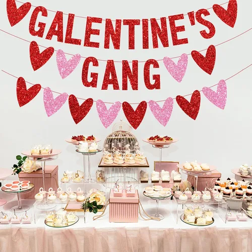 Miniatura 7 de 3 piezas de decoración del día de los galentinos, pancarta con purpurina de la banda de Galentine con guirnalda de corazón de amor, decoración