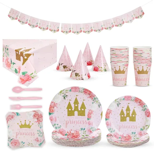 Miniatura 4 de BLUE PANDA Kit de decoración de princesa para fiesta de cumpleaños, 194 piezas, diseño floral rosa y castillo dorado, platos y servilletas, tazas