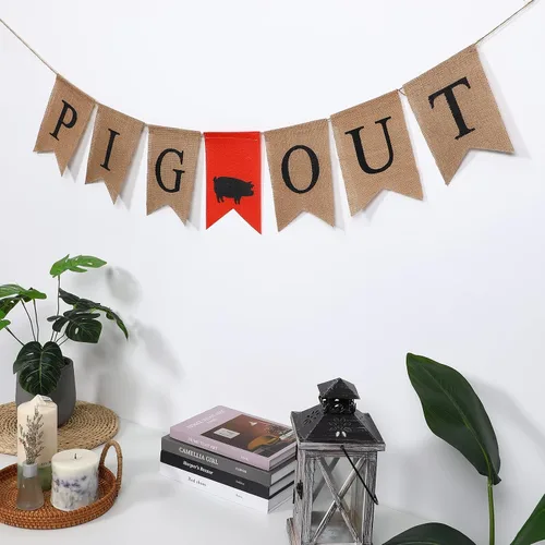 Miniatura 4 de NUOBESTY Banner de fiesta con forma de cerdo, guirnalda de cola de golondrina, pancarta de arpillera para colgar en la pared, decoración