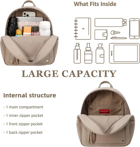 Miniatura 3 de Mini mochila antirrobo para mujer, bonita mochila escolar para adolescentes y niñas con cremallera segura y borla, Caqui, Mochilas de viaje
