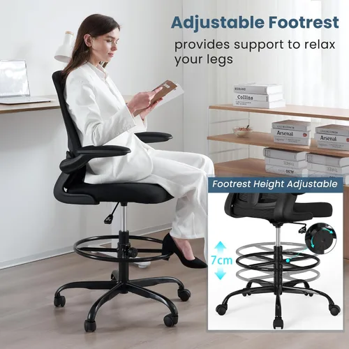 Miniatura 4 de Silla de dibujo, silla de oficina alta con reposabrazos abatibles, silla de escritorio de pie ergonómica ejecutiva para computadora, silla de dibujo