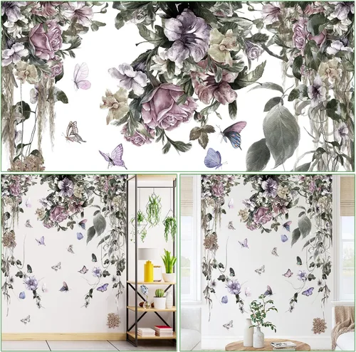 Miniatura 3 de LiveGallery Calcomanías de pared de petunia moradas, calcomanías de flores de peonía, vinilo para despegar y pegar, estilo oscuro, murales Morado
