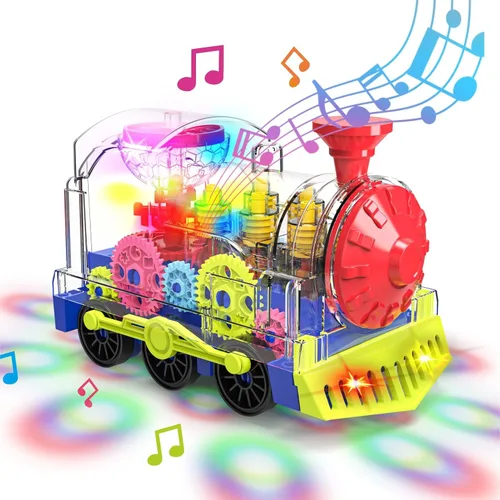 Kizeefun - Tren de juguete con luz para niños pequeños: coche de juguete con engranajes transparentes para niños con luz genial y música, juguetes
