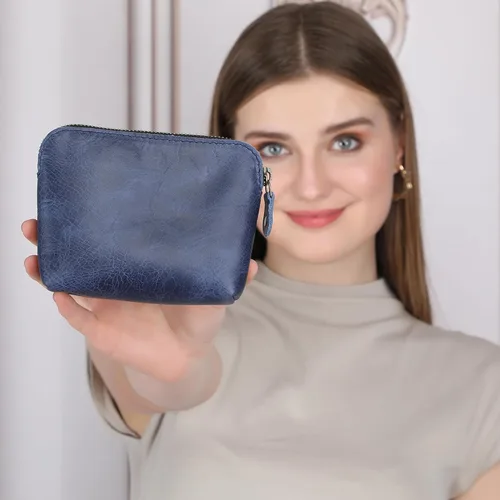 Miniatura 9 de Bolsas de Cosméticos de Cuero Azul Para Mujeres Juego de Viaje – Monedero con Cremallera Hecho a Mano Juego de Bolsas de Maquillaje Azul Pequeñas