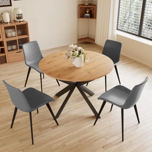 Miniatura 12 de HIPIHOM - Mesa de comedor redonda extensible de 43.2"-59.1", mesa redonda moderna de madera de mediados de siglo, mesa de café de roble para ocio