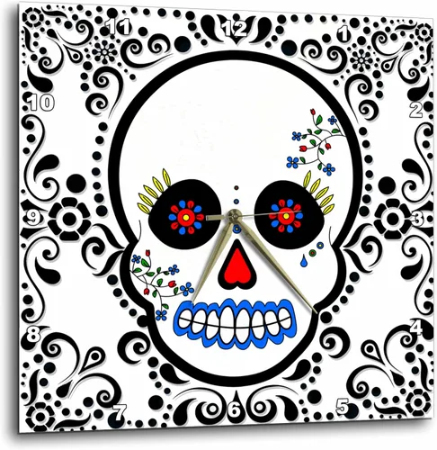 3dRose Day of the Dead Skull Día de Los Muertos Sugar Skull Red Black Scroll Design 15x15 Wall Clock