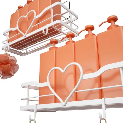 Miniatura 8 de Organizador de ducha rosa con 4 ganchos extraíbles, 2 paquetes de estantes de ducha Sweet Heart, estante organizador adhesivo sin perforaciones