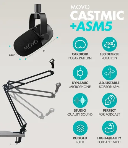 Miniatura 5 de Movo Paquete portátil de equipo de podcast para iPhone/teléfonos Android - Kit de podcast con interfaz de audio, 2 micrófonos dinámicos CastMic, 2