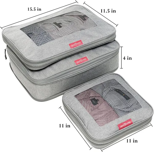 Miniatura 4 de LeanTravel Juego de 3 cubos de compresión para viajes color gris doble cremallera