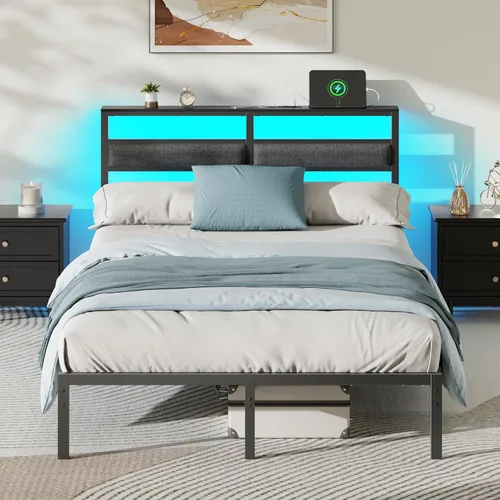 OURPIC Estructura de cama de tamaño completo con cabecero, estructura de cama tamaño completo con luz LED y estación de carga, base de cama de Negro