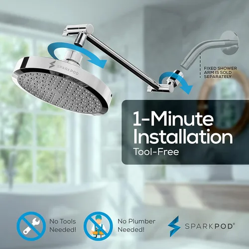 Miniatura 6 de SparkPod Cabezal de Ducha de Lluvia Redondo con Brazo de Extensión - Cabezal de Ducha de Altura Ajustable con Rendimiento de Alta Presión