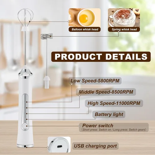 Miniatura 4 de Espumador de leche eléctrico de mano con 2 cabezas, batidor de espuma de café con USB recargable de 3 velocidades, licuadora de espuma para latte