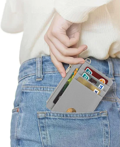 Miniatura 4 de Cartera delgada de bolsillo, bloqueo RFID, cartera con tarjetero con grillete en D y llavero desmontable para mujer, A-gris, Moda