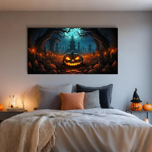 Miniatura 5 de YONICA Lienzo decorativo para pared de Halloween para sala de estar, decoración del hogar, calabaza de Halloween sobre lienzo de alta definición