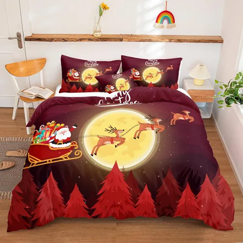 Miniatura 24 de Juego de ropa de cama de Navidad con funda de edredón de copos de nieve, color blanco y rojo, con estampado navideño, juego de ropa de cama festiva