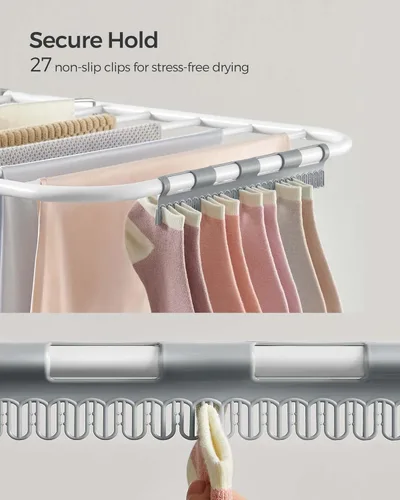 Miniatura 5 de SONGMICS Tendedero para ropa, con clips para calcetines, estante de lavandería de metal, plegable, ahorra espacio, soporte independiente, con 2 alas