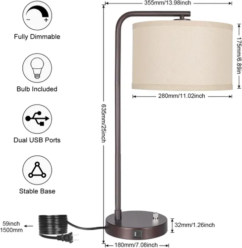 Miniatura 3 de Juego de 2 lámparas de mesa, lámpara de mesita de noche completamente regulable con puertos de carga USB C+A, lámparas modernas de noche