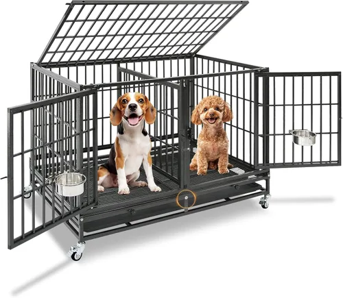 Miniatura 13 de Homey Pet Paquete de 2 jaulas apilables de tres niveles de 43 pulgadas para perros con ruedas, jaula de acero indestructible para perros