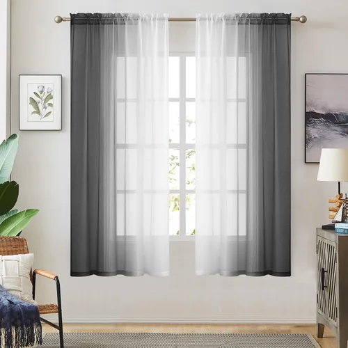 Miniatura 15 de Cortinas transparentes de lino sintético con degradado gris oscuro para dormitorio y sala de estar con bolsillo para barra, cortinas de gasa Gris